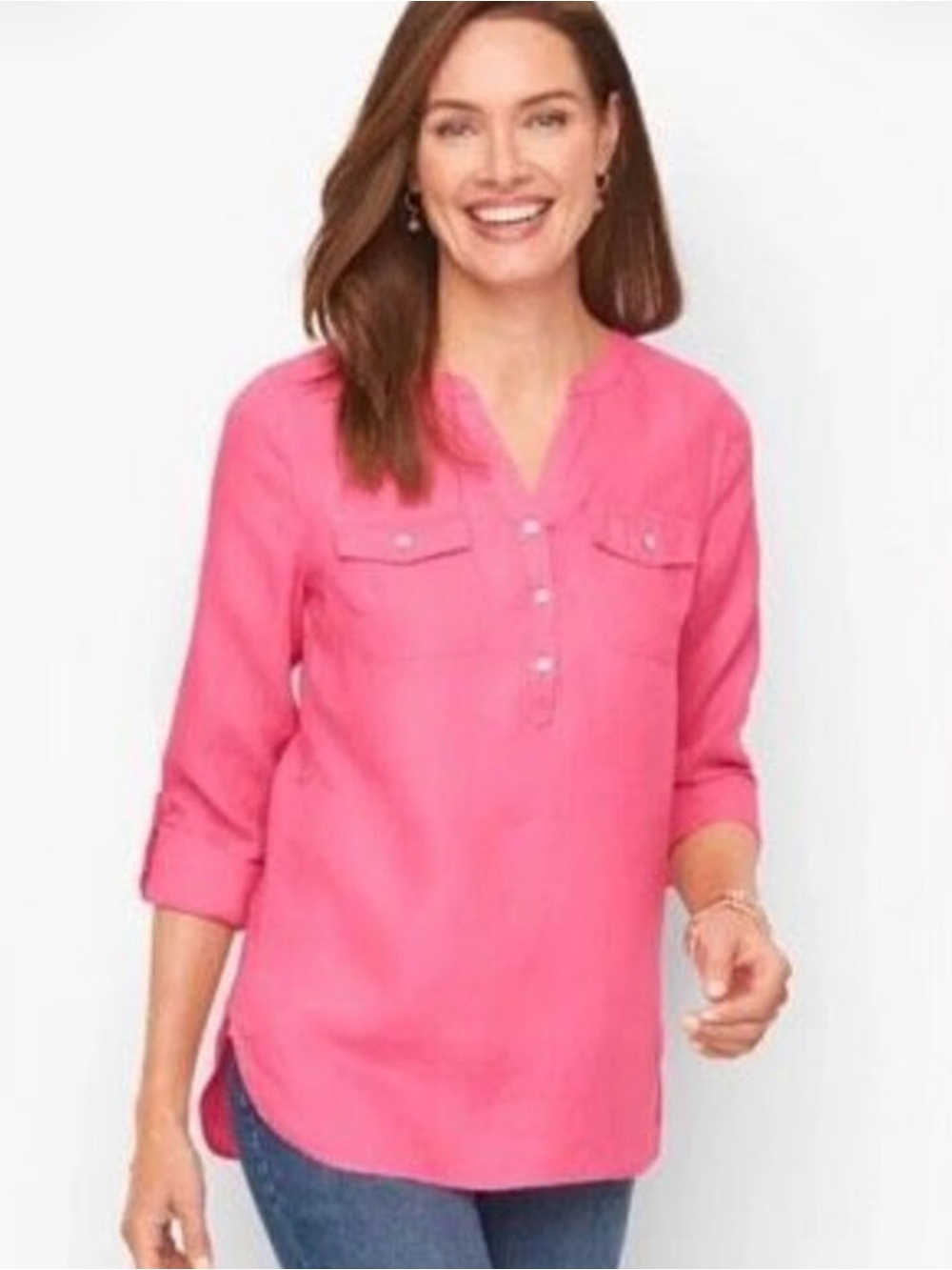 Talbots Bright Pink Coastal Fisherman Linen Utility Shirt Large Petite